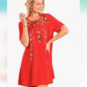 Umgee Boho Chic Floral Embroidered Short Sleeve Mini Dress Size Large